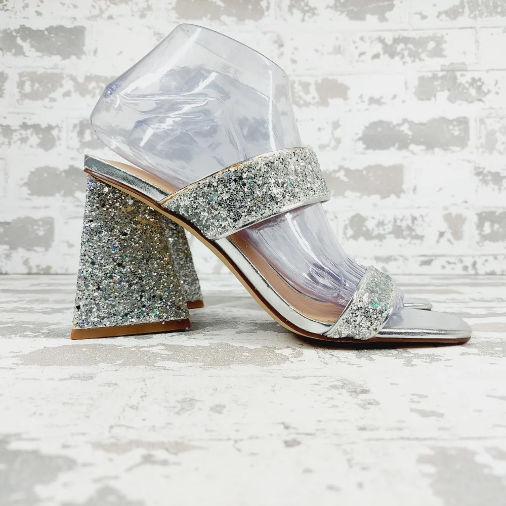 NEW Abound Carina Glitter Silver Slip On Block Heel Sandals M822 - Picture 5 of 14